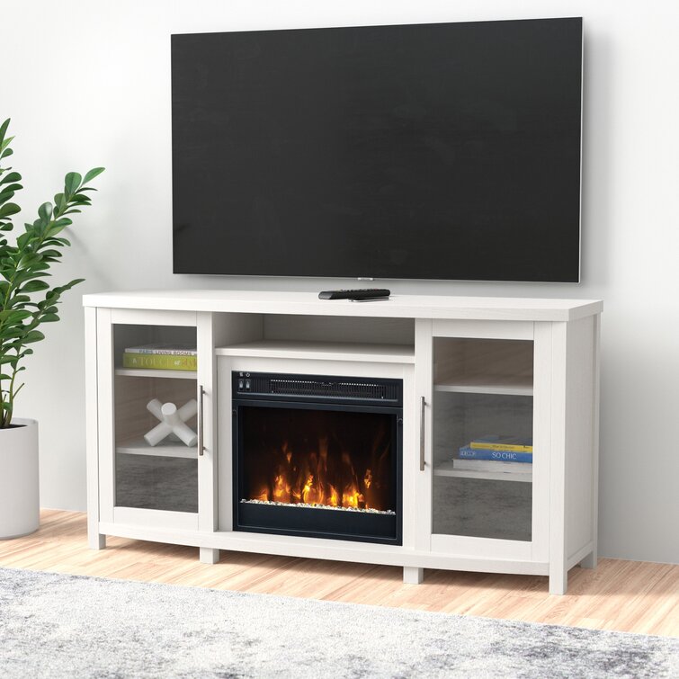 Glass entertainment deals center with fireplace